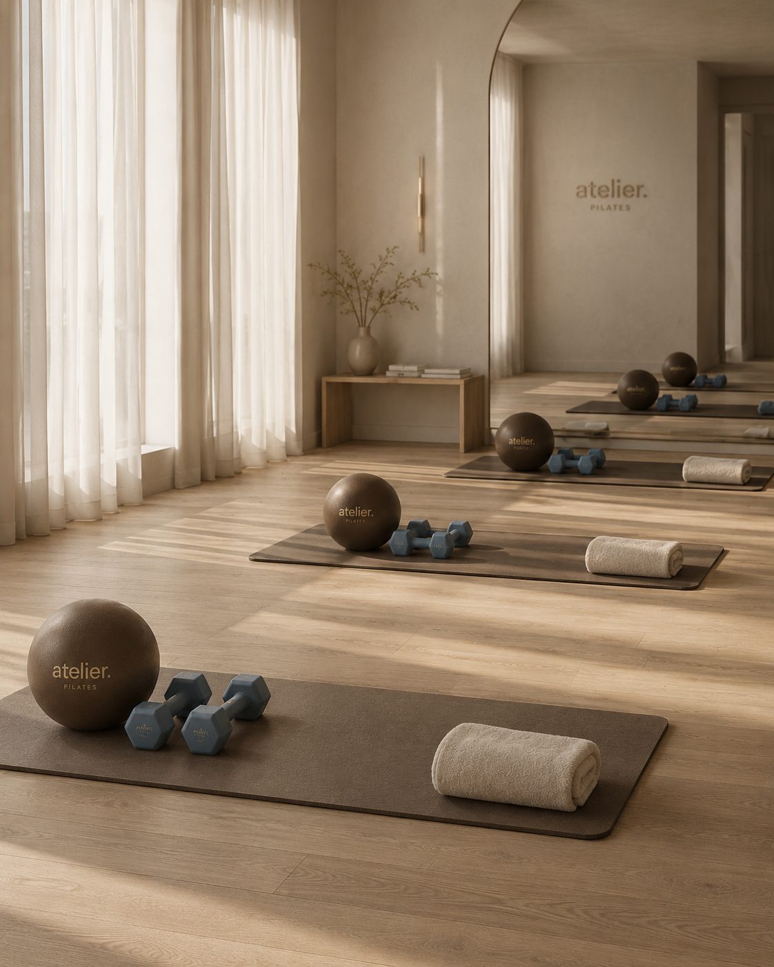 A quiet reformer Pilates studio in warm natural light.