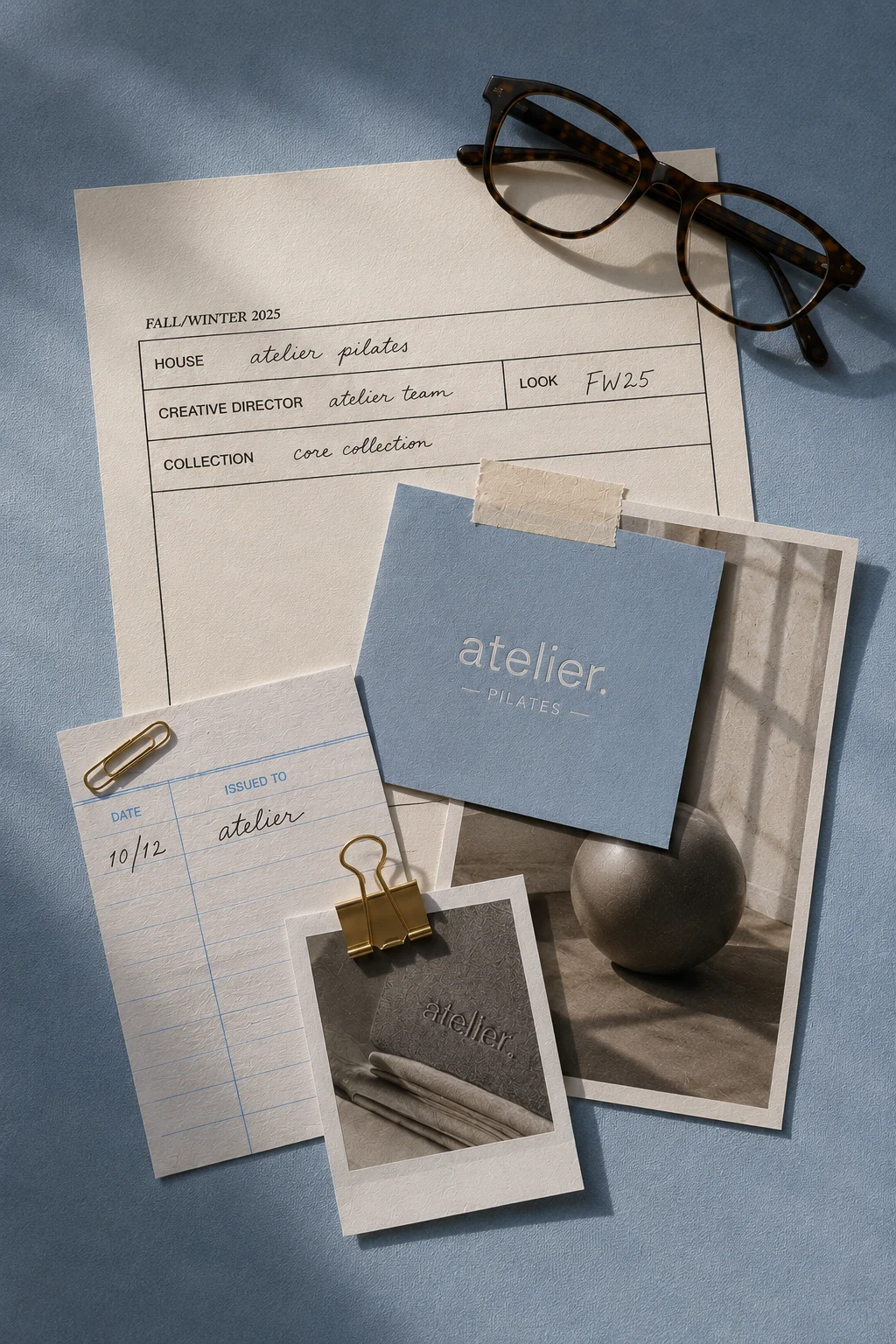 FW25 look-book spec sheet, library card and Atelier logo cards flat-laid on a blue ground