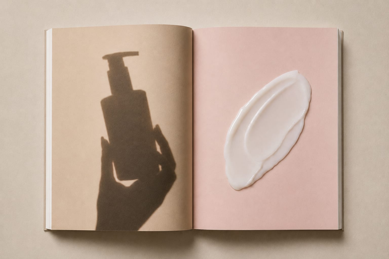 An open book on a neutral ground — a pump-bottle shadow on the left page, a white cream swatch on the pink right page.