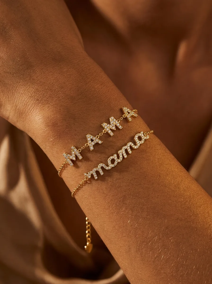 MAMA and mama bracelets on crossed wrists