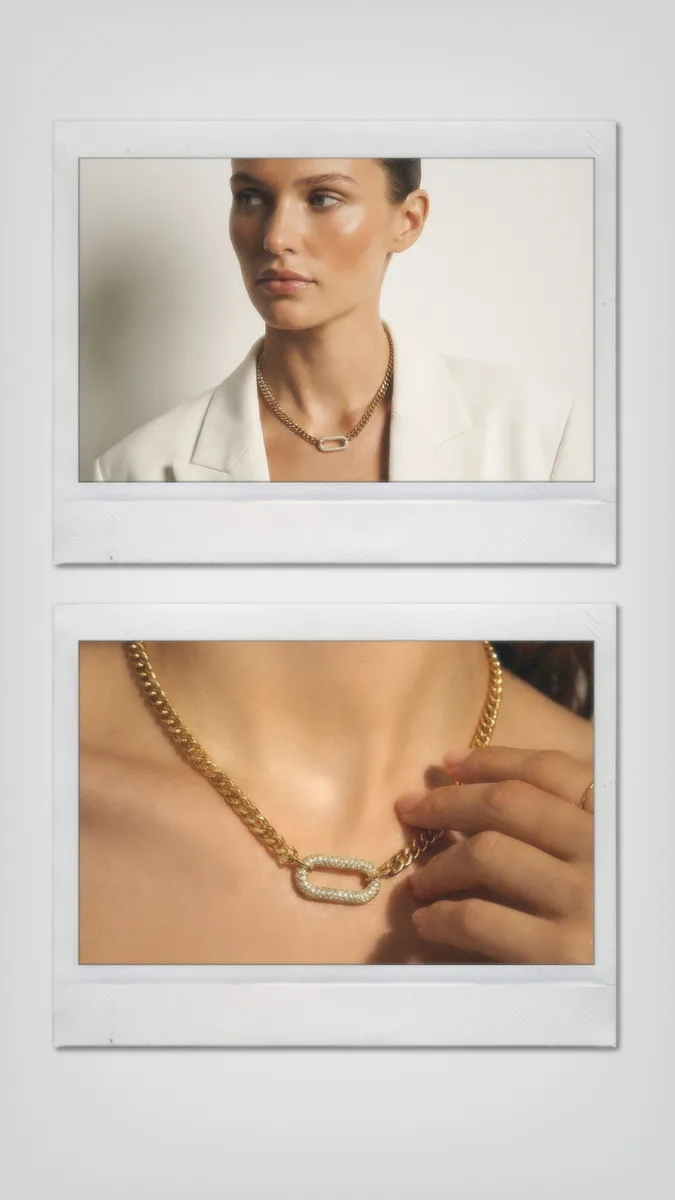 Polaroid-style story — model in a white blazer and a chain necklace close-up