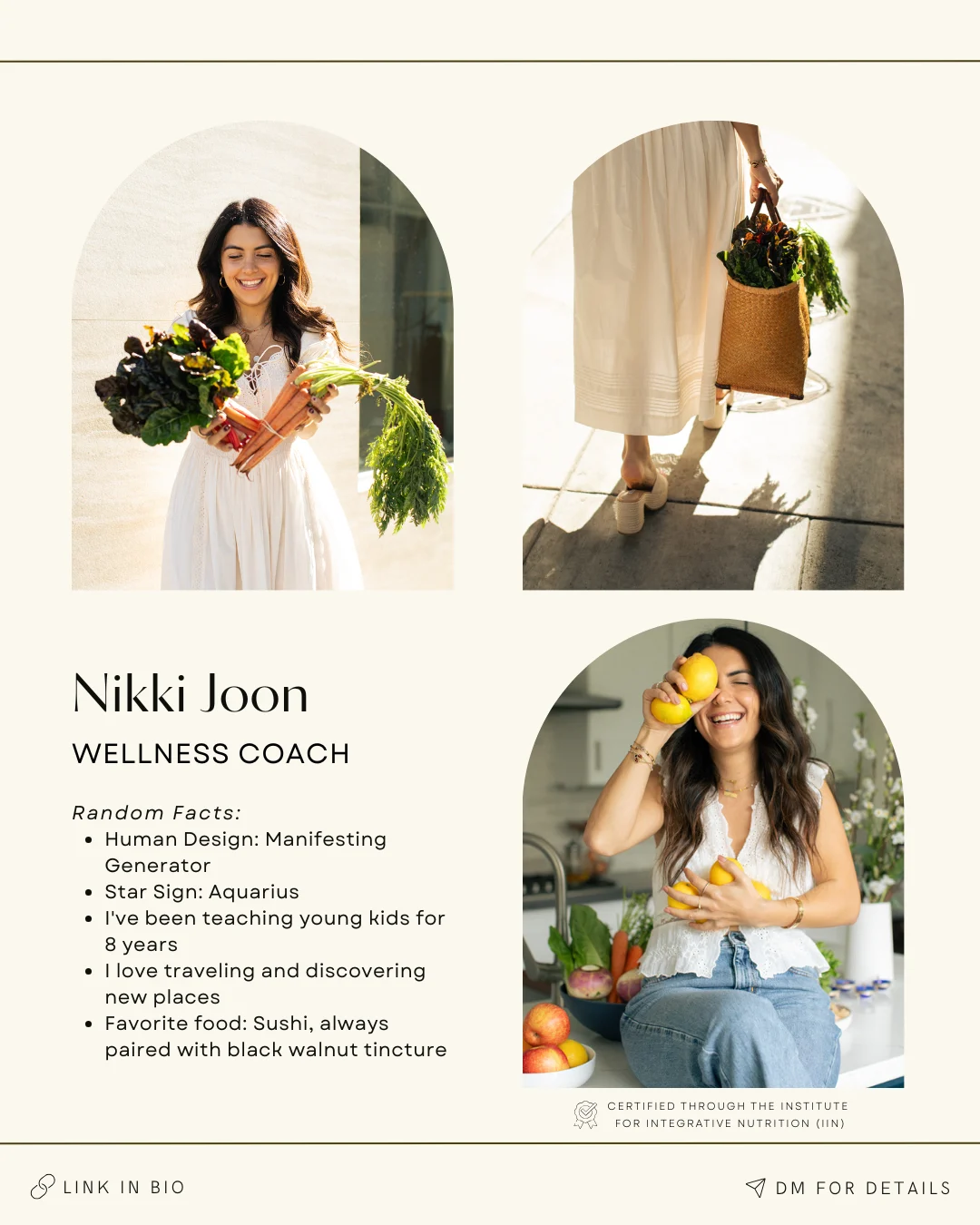 About Me collage — photos of Nikki with a list of random facts